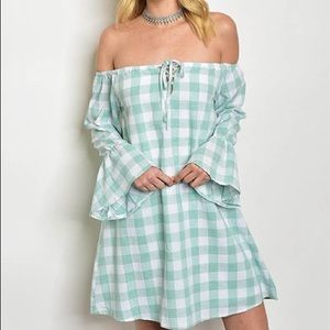 Mint & White Check Off-Shoulder Dress